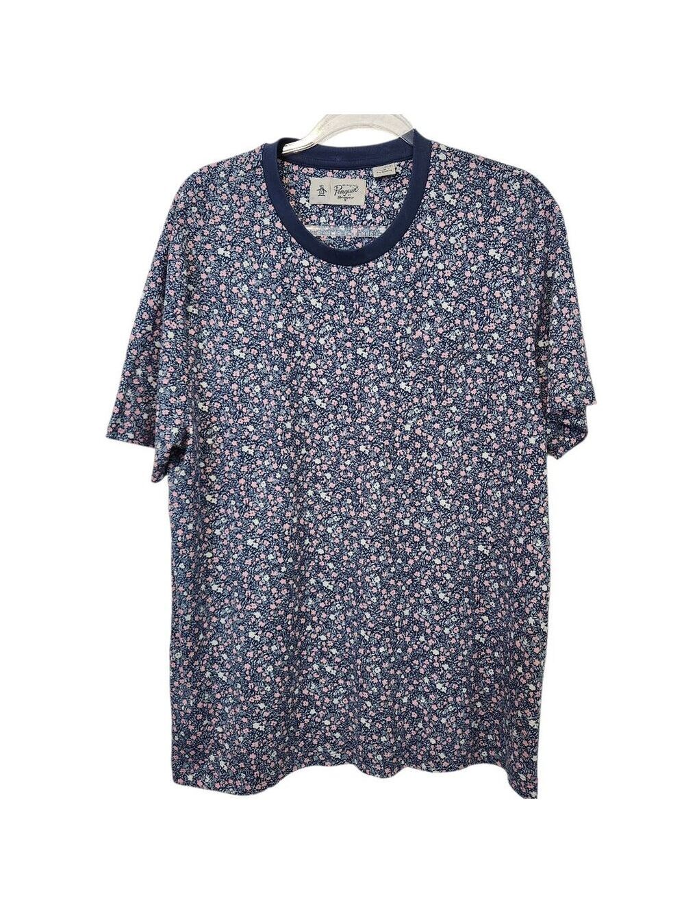 Penguin T Shirt Mens XL Blue Pink Floral Pocket Crewneck Retro Tee Cotton